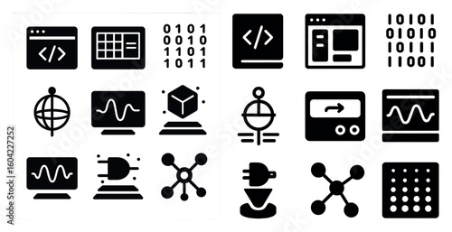 Technology and data solid icons set – coding, digital, tech symbols collection