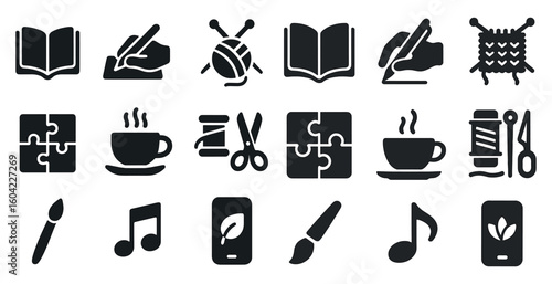 Crafting and hobbies solid icons set – knitting, puzzle, creative symbols