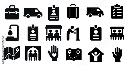 Business and travel solid icons set – corporate, silhouette, logistics and transport symbols