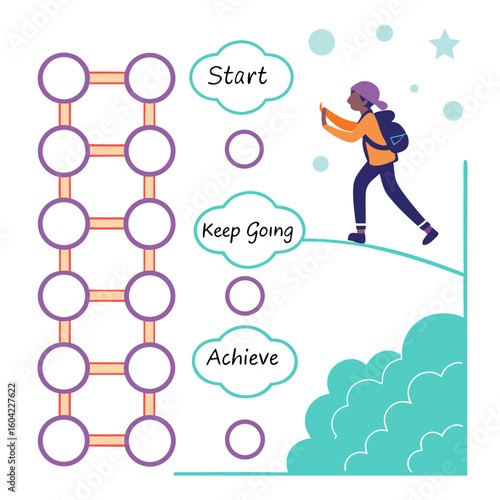 Visualizing personal growth and goal achievement with a step by step progress tracker and motivational journey illustration