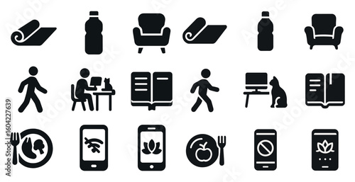 Home and lifestyle solid icons set – silhouette, filled, living and everyday essentials