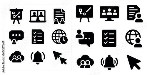 Business and communication icons set – solid, filled, corporate and network design