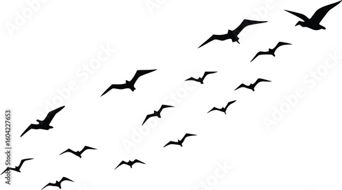 Silhouette Illustration Flock of Birds Flying Diagonally Across White Background in Formation Pattern
