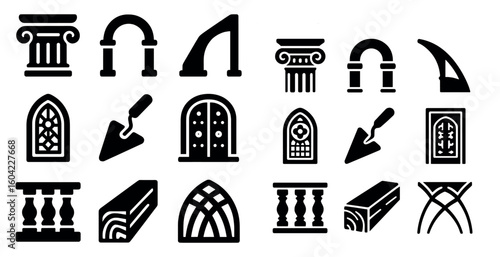 Architecture and construction solid icons set – filled, silhouette, building elements