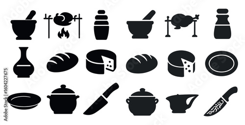Culinary and kitchen silhouette icons set – cooking, food preparation symbols