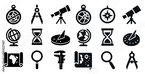 Navigation and travel icons set – solid, silhouette, exploration tools and maps
