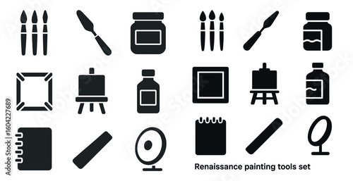 Renaissance painting tools icons set – solid, filled, art supplies and materials