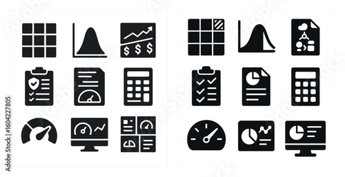 Business and analytics solid icons set – flat, filled, data and charts symbols