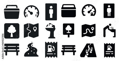 Public amenities silhouette icons set – solid, outline, park and restroom symbols