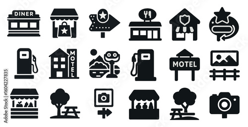 Retro roadside diner icons set - solid, filled, vintage travel elements