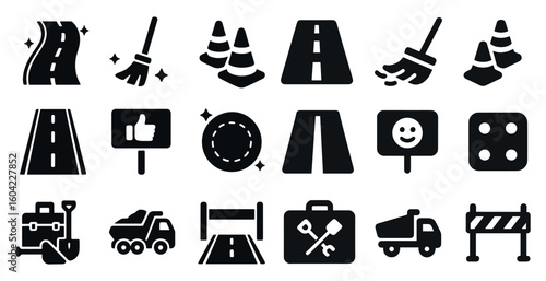 Road and construction solid icons set – highway, infrastructure, safety symbols