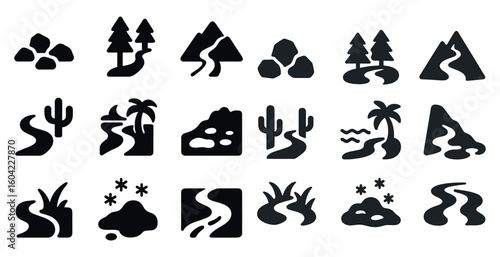 Nature solid icons set – silhouette, filled, landscape and outdoor symbols