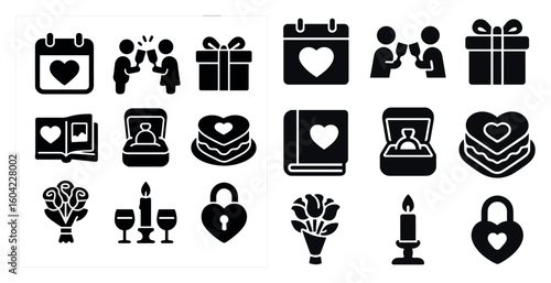 Engagement and wedding icons set – solid, filled, celebration and love symbols