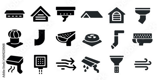 Rainwater drainage solid icons set – filled, collection of gutter and roofing symbols