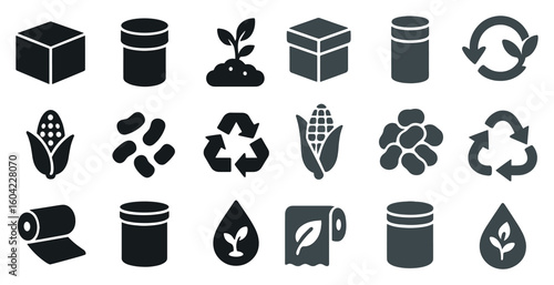 Recycling and sustainability solid icons set – eco-friendly, waste reduction symbols