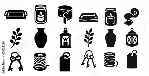 Vintage decor silhouette icons set – retro, antique, home decoration symbols