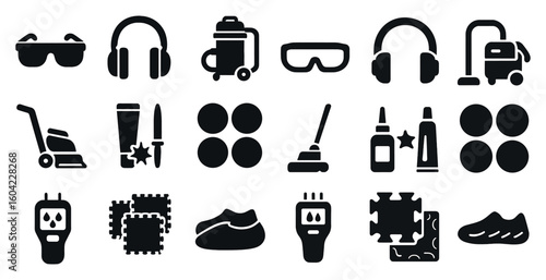 Cleaning tools solid icons set – silhouette, filled, home maintenance symbols