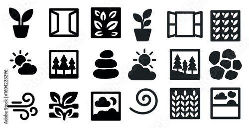 Nature and gardening solid icons set – filled, foliage and outdoor symbols