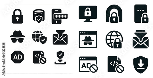 Cybersecurity and privacy icons set – solid, filled, data protection symbols