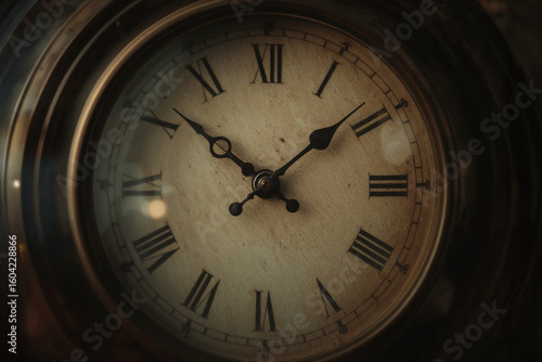 Wallpaper Mural Close-up of a vintage clock face with Roman numerals and classic hands, exuding an old-world charm. Its aged texture and soft focus capture the timeless essence of history and elegance. Torontodigital.ca