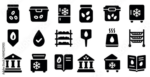 Food preservation icons set – solid, filled, freezing and storage symbols