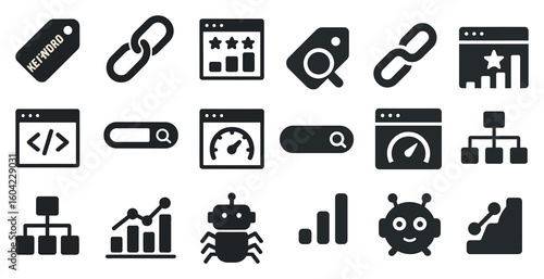 Seo and marketing solid icons set – filled, analytics, web optimization symbols