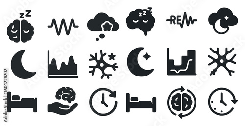 Sleep and brain solid icons set – restful, filled, health and wellness illustrations