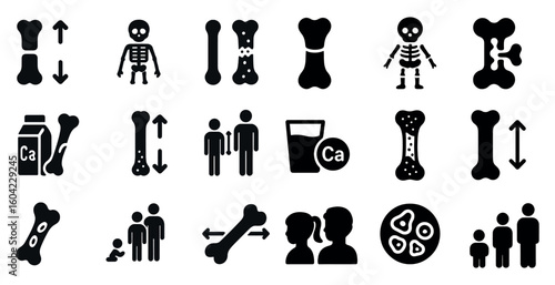 Bone health solid icons set – silhouette, filled, calcium and medical symbols