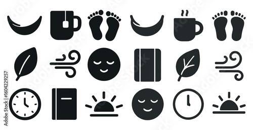 Relaxation and spa filled icons set – solid, calming, wellness symbols for tranquility