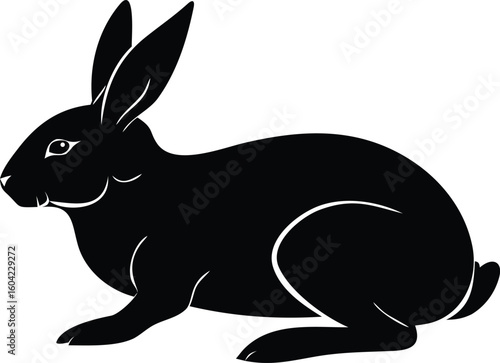 Silhouette of a Black Rabbit with Long Ears Against a White Background Illustration