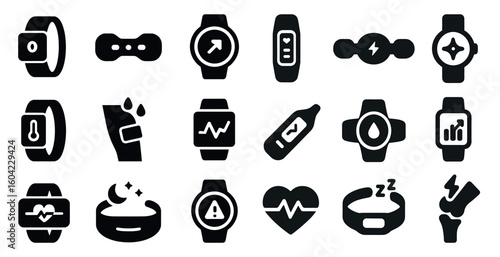 Wearable tech solid icons set – flat, filled, fitness and health gadget symbols