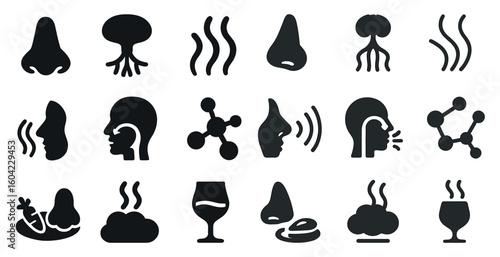 Scent and smell solid icons set – aroma, fragrance, odor symbols