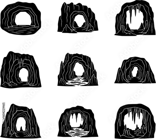Set of Black Cave and Cavern Icons