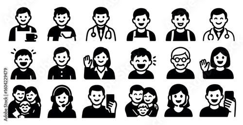 People and professions silhouette icons set - solid, filled, occupation symbols