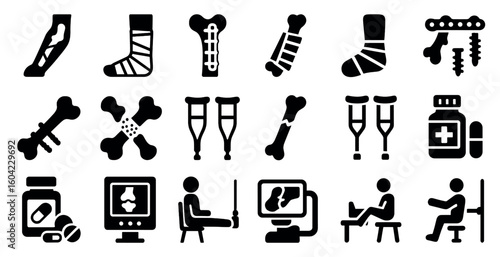 Orthopedic medical solid icons set – tools, bones, healthcare symbols