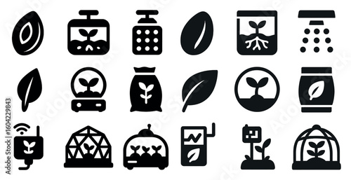 Agriculture and farming silhouette icons set – solid, outline, plant growth symbols