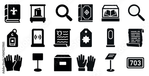 Library and reading solid icons set – silhouette, filled, book and literature symbols