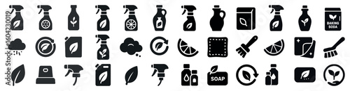 Eco-friendly cleaning solid icons set – silhouette, filled, green cleaning symbols