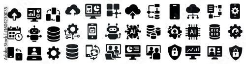 Technology and data solid icons set – silhouette, network, digital transformation symbols