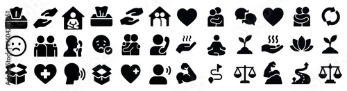 Mental health filled icons set – wellness, flat, self-care and support symbols