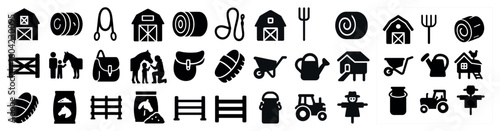 Farm and agriculture filled icons set – solid, silhouette, farming and rural symbols