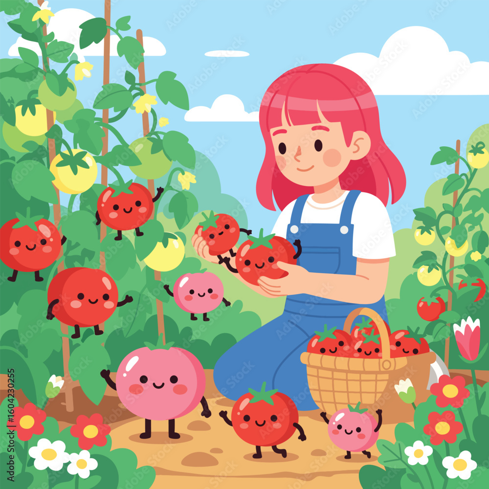 Obraz premium Adobe illustrator artwork vector illustration of a girl harvesting smiling tomatoes in a vibrant garden—ideal for kids' books, educational content, farming themes, and playful nature designs.
