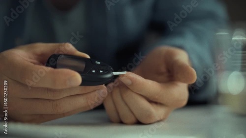 A person is using a blood glucose monitoring device to check their blood sugar levels in a cozy home setting. This health check emphasizes diabetes management and self-care