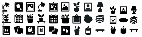 Home office and decor silhouette icons set – minimalist, flat, workspace essentials