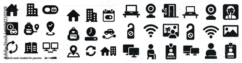 Hybrid work and remote silhouette icons set – home, office, telecommuting symbols