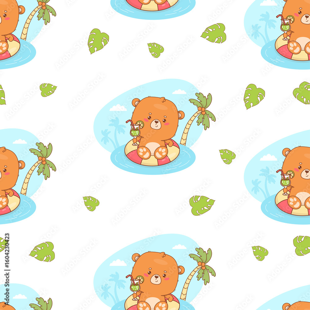 Obraz premium Seamless Pattern with Cute Bear Beachgoer in relaxing on Swim Ring with Drink
