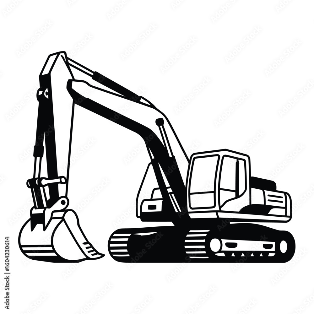 Fototapeta premium Excavator Icon, Vector, Illustration, Outline, Line Art, Silhouette, Logo, White Background.