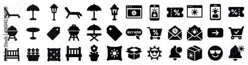 Outdoor and shopping solid icons set – flat, filled, retail and market symbols