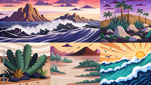 Waves crashing set on a volcanic sand beach vector, ideal for dramatic coastal nature scenes, exotic travel destinations, and ocean power concepts, banner collection	