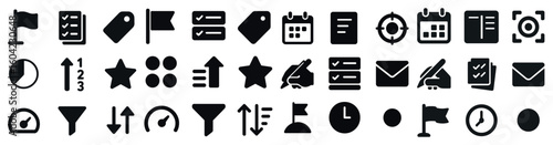Business and office solid icons set – flat, filled, productivity symbols